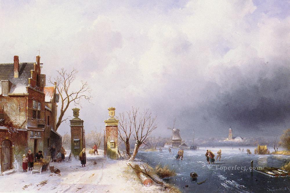 Belgian 1818 to 1907A Sunlit snow Lansca landscape Charles Leickert Oil Paintings